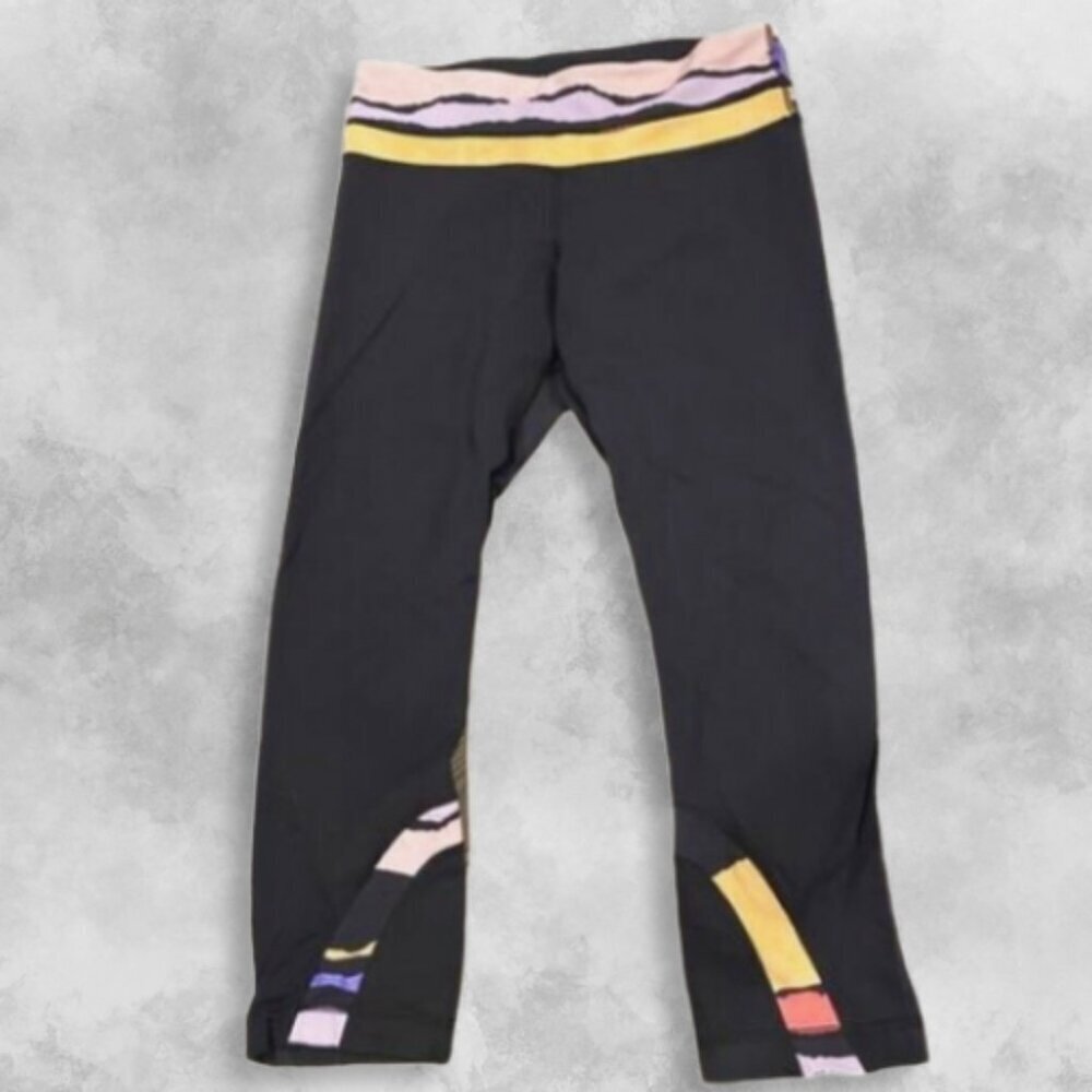 Lululemon Run Inspire Capris Wide Waistband Colorful Accents Black Women's US 4